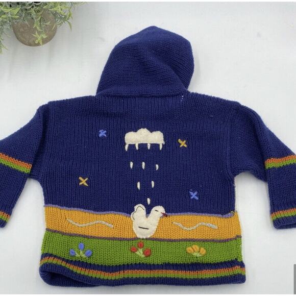 Martin Cone Children's Hooded Cardigan 100% Wool hand made Ecuador animals lambs - Picture 5 of 12